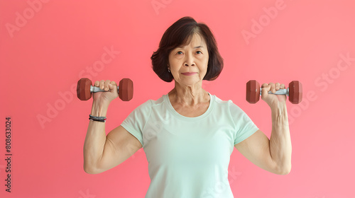 Senior Asian woman doing exercise with dumbbell