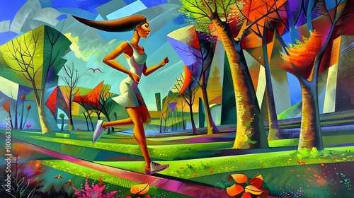 Tranquil Park Jog: Woman Running in Serene Morning Setting © Maquette Pro