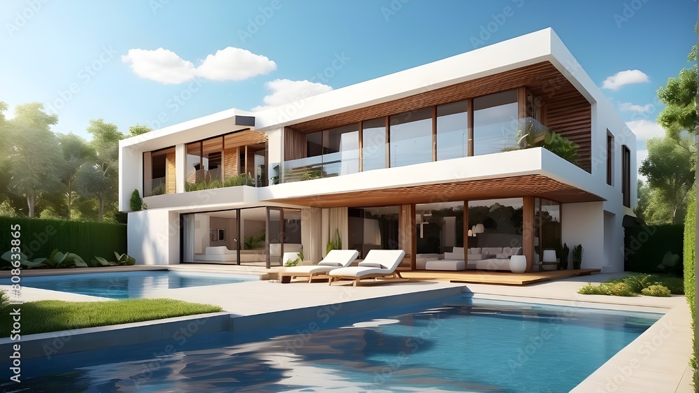 Eco-friendly Modern House with Swimming Pool and Solar Panels. The concepts of eco-friendly technology, modern home design, solar energy, poolside oasis, and sustainable living