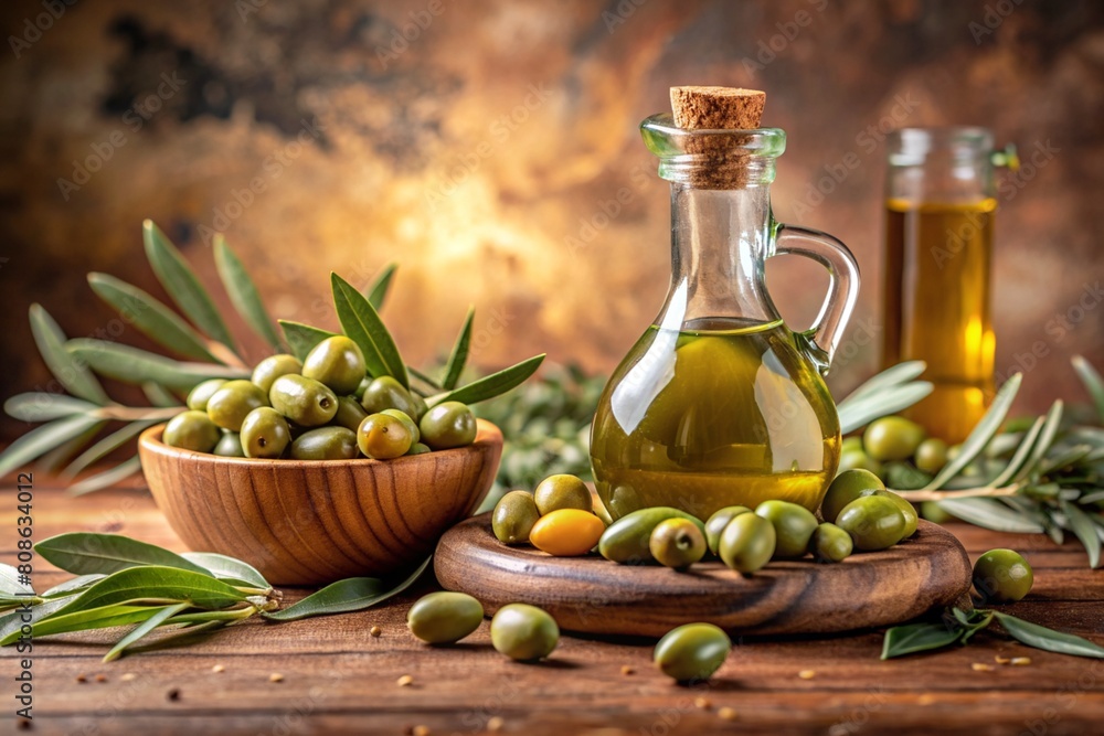 Olive oil in a beautiful bottle with fresh olives and flowering olive branches on a beige background. Olive oil in a beautiful bottle with fresh olives and flowering olive branches on a beige background.