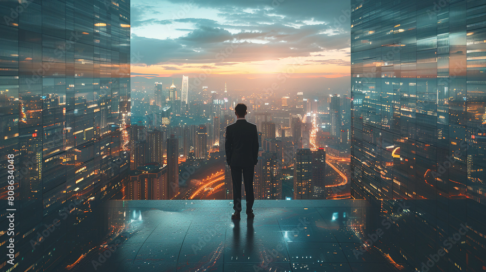 Business man on future network city Business man on future network city