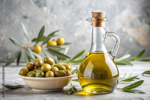 Olive oil in a beautiful bottle with fresh olives and flowering olive branches on a light background.