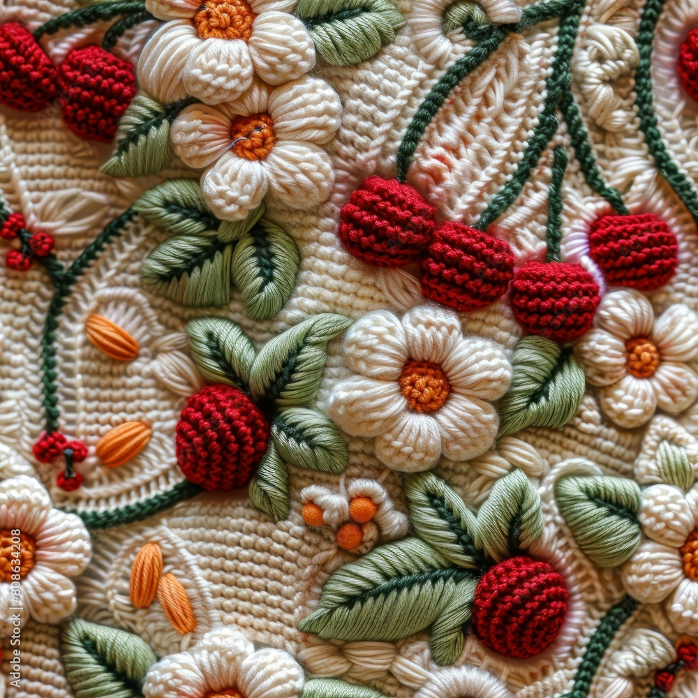 Fototapeta premium Knitted crocheted cherry seamless pattern