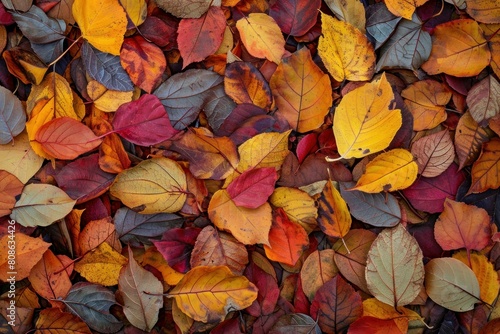 Vibrant autumn leaves tapestry pattern with red, yellow, and orange foliage creating a colorful natural carpet on the ground, showcasing the seasonal beauty of nature in october and november © anatolir