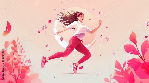 Wellness and Happiness: Woman Running in Peaceful Park at Dawn