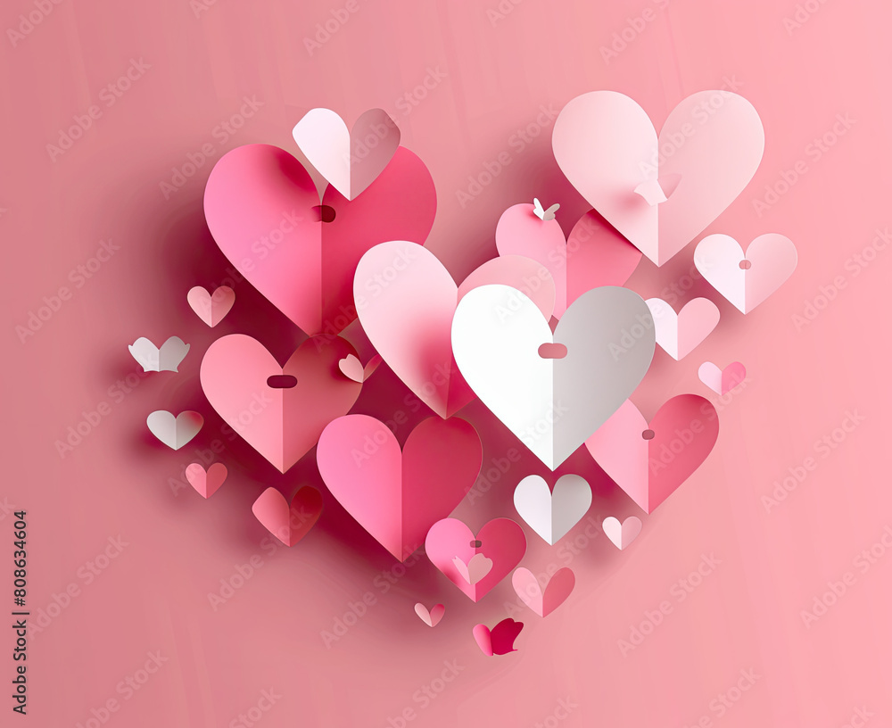 Paper elements in shape of heart flying on pink background Vector symbols of love for Happy Womens, Mothers, Valentines Day, birthday greeting card design