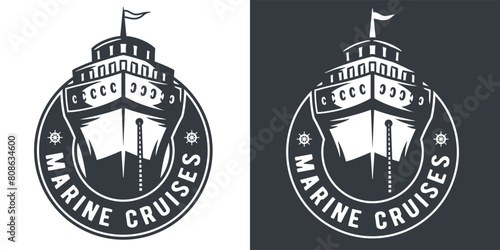 Black and white emblem featuring a nautical theme with a cruise ship, ocean waves, and a flag for marine transportation and cruise line branding