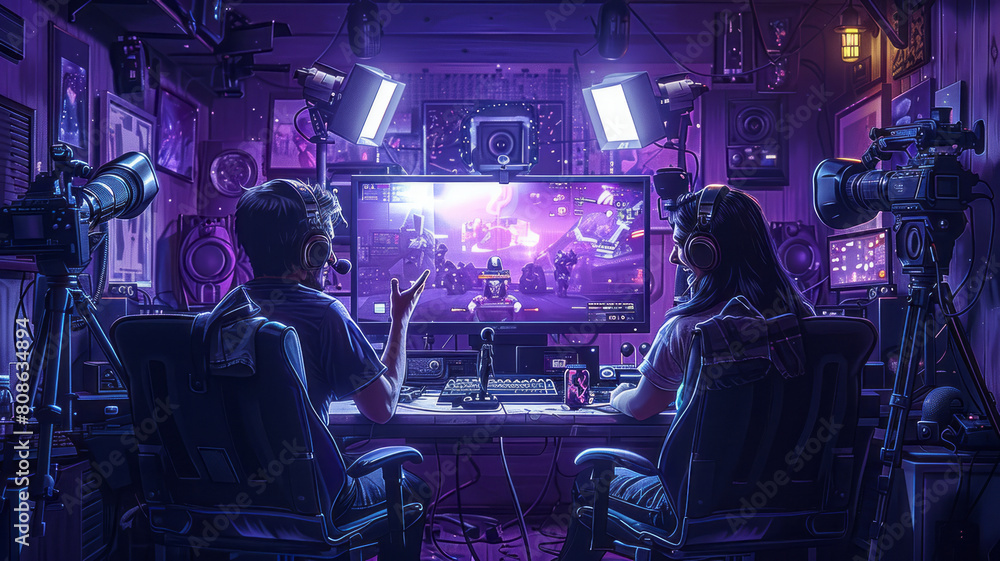 a man and woman streamers casting an online e-sport tournament. generative ai a man and woman streamers casting an online e-sport tournament. generative ai