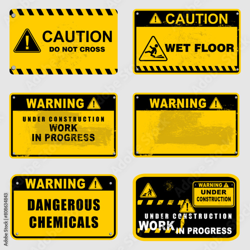 Caution, wet floor, do not cross, dangerous chemicals, sign vector