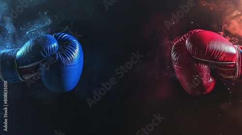 Two boxing gloves clashing in the center, with ample copyspace for adding text. Ideal for a fight night poster, showcasing the intense moment before a boxing match between opponents.