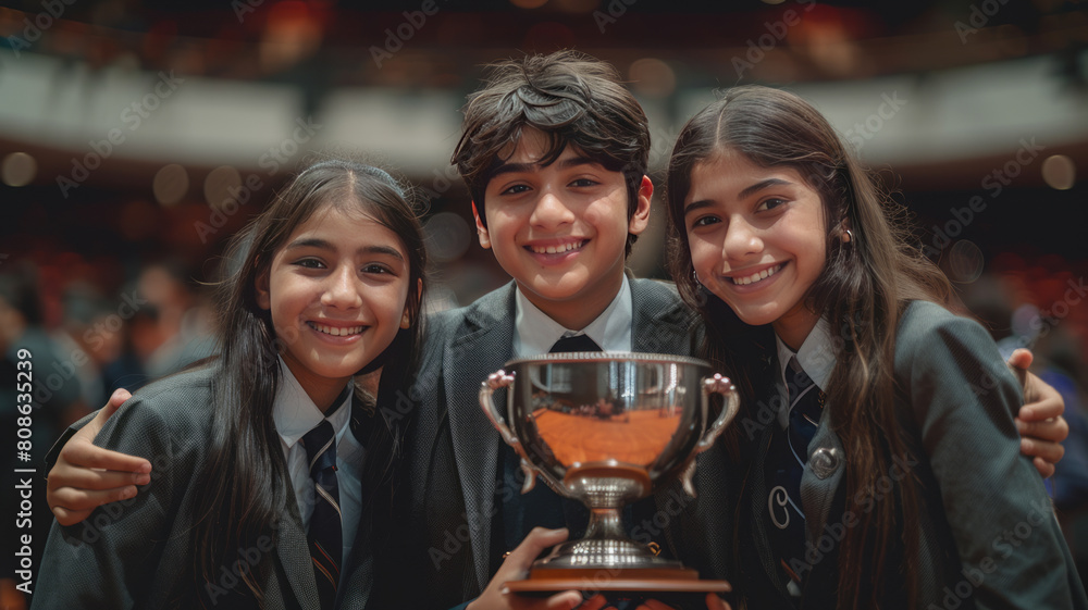 Indian School Students in school uniform, one boy and one girl, holding up a trophy in celebration, auditorium background,generative ai Indian School Students in school uniform, one boy and one girl, holding up a trophy in celebration, auditorium background,generative ai