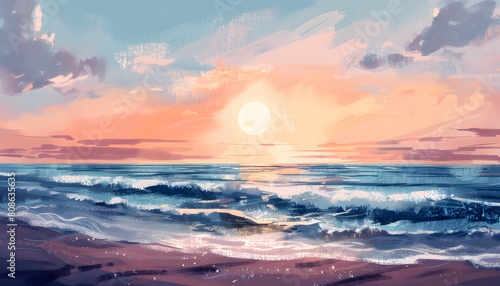 Panoramic Watercolor Beach Sunset with Peaceful Atmosphere photo