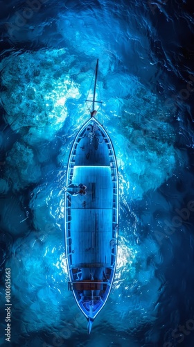 Aerial view of a fishermans boat in Cefalu bay, Sicily, Italy