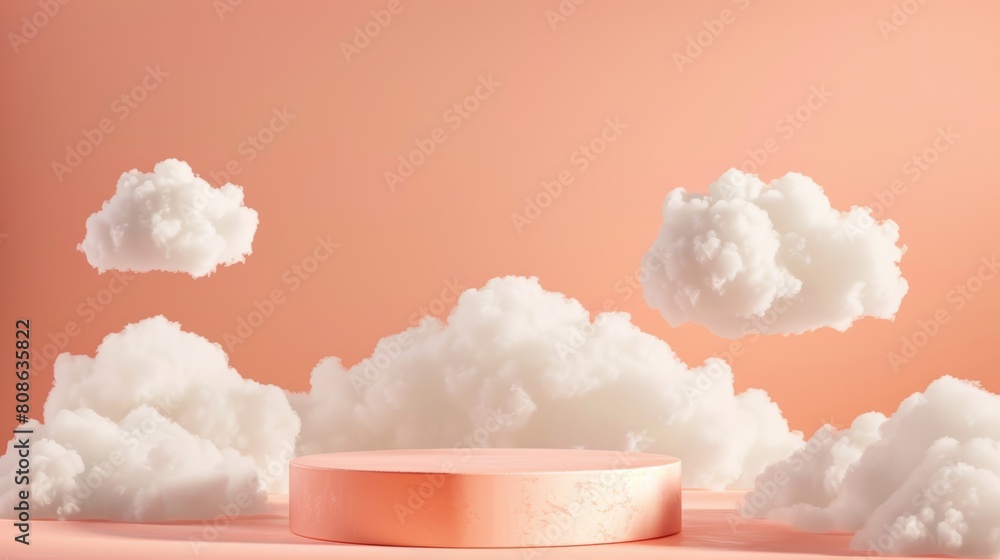empty totally peach-colored podium; white cotton clouds on background; studio shoot empty totally peach-colored podium; white cotton clouds on background; studio shoot