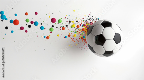Soccer Ball Bursting into Colorful Particles on White Background