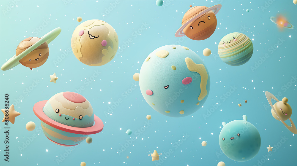 Cute Cartoon Planets with Faces Floating in a Starry Sky Cute Cartoon Planets with Faces Floating in a Starry Sky