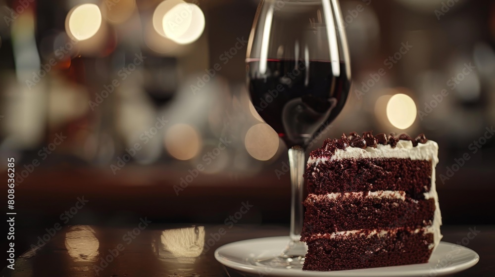 Sinful delight in a glass, close-up of red wine swirling, paired with a slice of devil's food cake, elegant setting