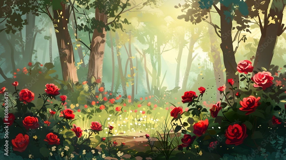 Whimsical Watercolor Cartoon of a Forest Scene Interwoven with Roses