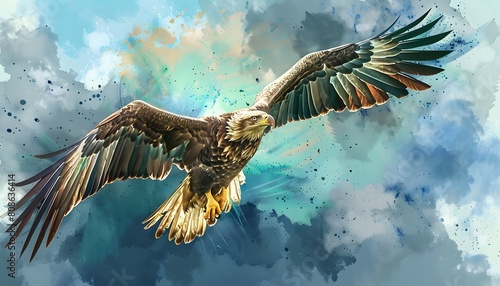 Dynamic Watercolor of Soaring Eagle Capturing Grace and Power photo