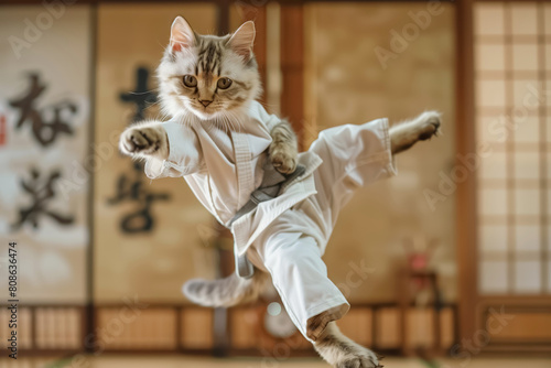 A playful domestic cat dressed in a karate uniform performing a mid-air kick in a traditional Japanese dojo.