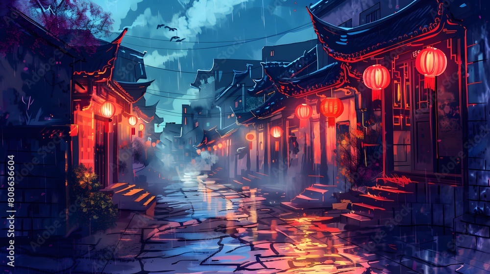 Watercolor Depiction of Lantern-Lit Streets in Old Chinese Town