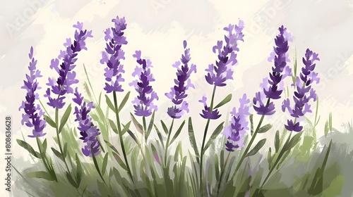 Tranquil Watercolor Scene of Lavender Fields in Full Bloom
