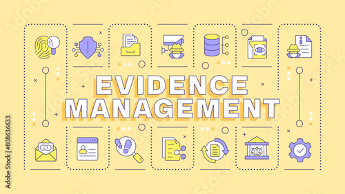 Evidence management yellow word concept. Surveillance footage, digital footprint. Typography banner. Vector illustration with title text, editable icons color. Hubot Sans font used