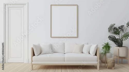 Frame mockup  cozy sofa next to room door  white blank wall 