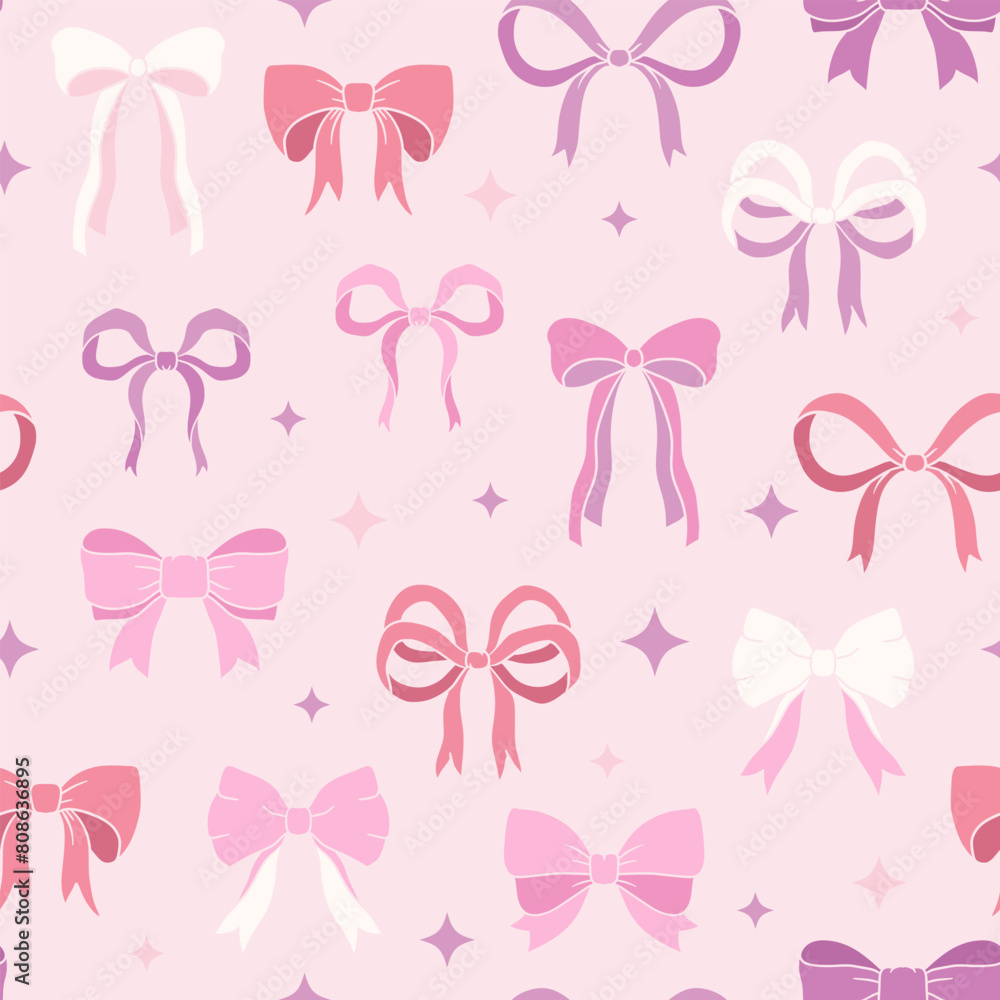 Pink bows and ribbons seamless pattern, Valentines design background, coquette core, handdrawn vector illustration Pink bows and ribbons seamless pattern, Valentines design background, coquette core, handdrawn vector illustration
