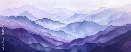 Mystical Watercolor of Mountains Transitioning from Purples to Blues