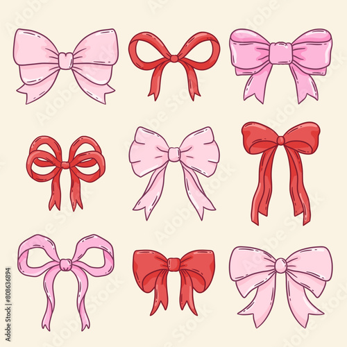 Pink bow element collection. Romantic, feminine, childish coquette hair ribbon. Outline hand drawn vector illustration.