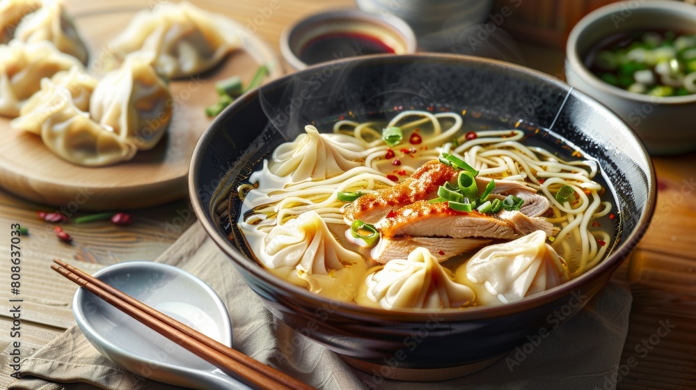 bowl of chicken noodle soup and plate of dumplings, chopsticks bowl of chicken noodle soup and plate of dumplings, chopsticks
