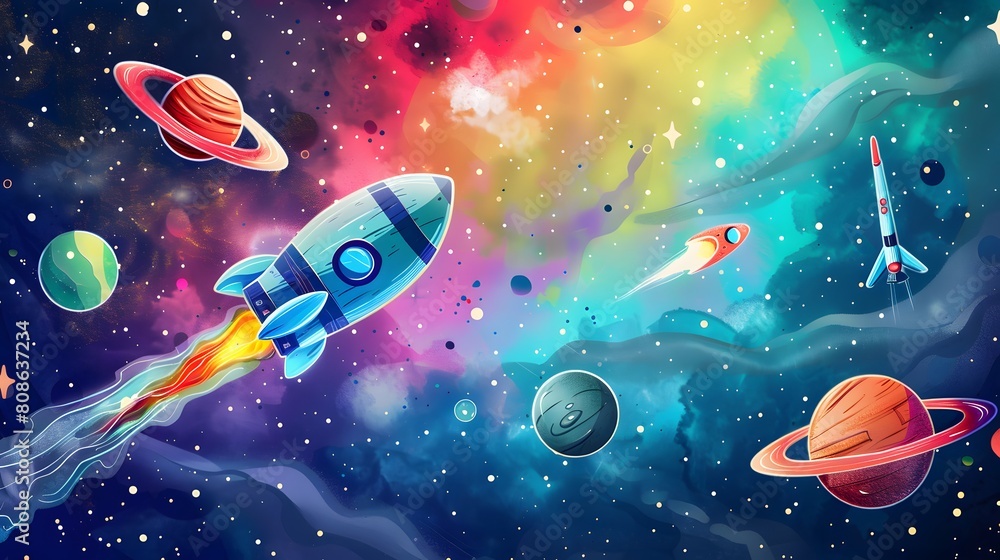 Dynamic Watercolor Painting of Space Exploration with Cosmic Colors