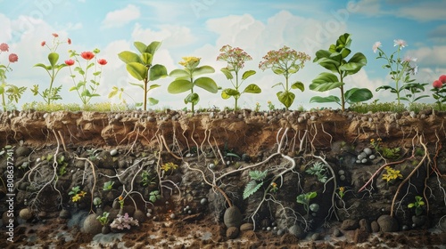 Scientifically accurate portrayal of bioactive soil, focusing on microbial processes and nutrient cycles among organic residues and root systems photo