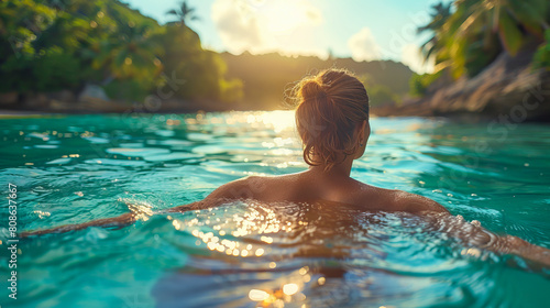 Serene tropical escape woman enjoying sunset swim