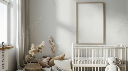 Scandinavian style nursery room with minimalist decor, bright atmosphere and an empty frame for mockups, neutral palette