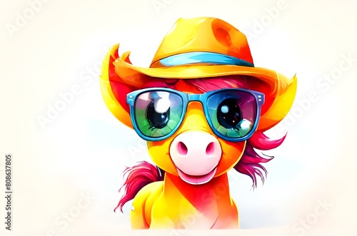Colorful cartoon pony with sun-glass with hat with smile face with copy space