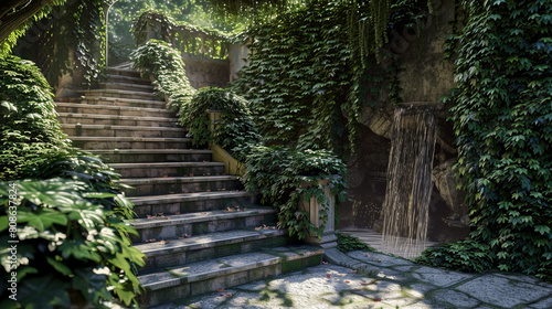 Hidden garden staircase enclosed by ivy-covered walls beside a gentle waterfall.