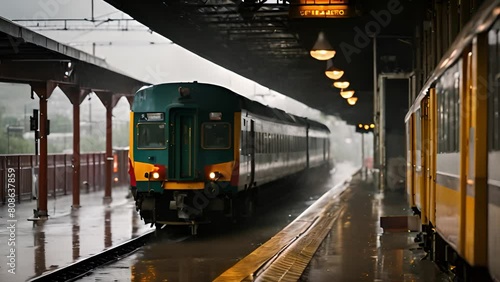 While the train stands still at the station, raindrops fall on the platform, creating a pleasant, calming aura around it.