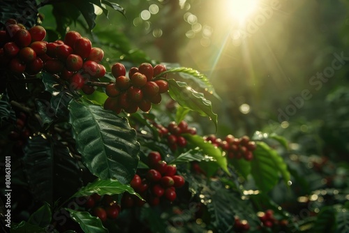 lots of coffee fruit trees, red ripe fruit in the forest photo