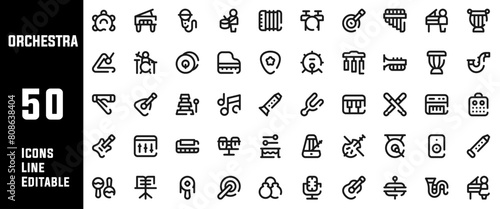 50 Orchestra Icons Set Line Editable Vector Illustration