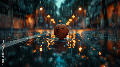 Rain-soaked Basketball Glowing on a Wet Court at Night.