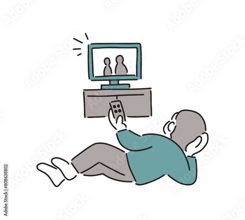 横になってテレビを見るシニア男性のイラスト