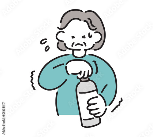 ペットボトルの蓋を開けられないシニア女性のイラスト