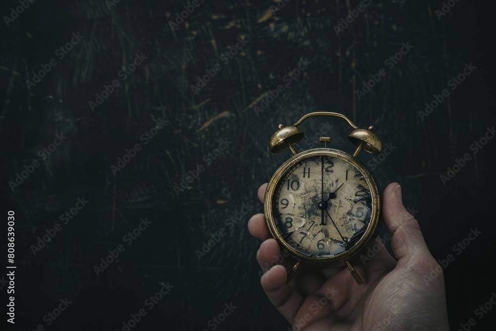 A human hand holding black alarm clock. concept time is money. A human hand holding black alarm clock. concept time is money.