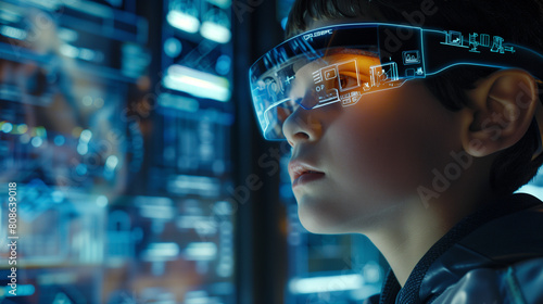 Young Boy Wearing Futuristic Headgear with Digital Displays