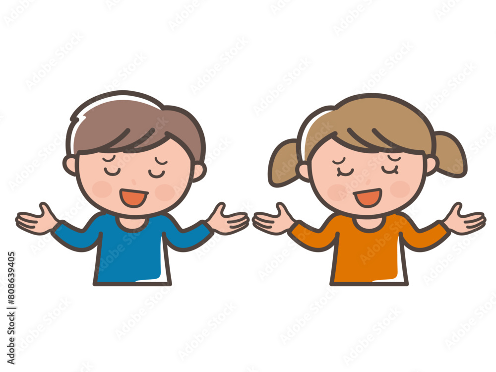 やれやれと呆れる男の子と女の子の上半身イラスト(小学生、幼児、子供) やれやれと呆れる男の子と女の子の上半身イラスト(小学生、幼児、子供)