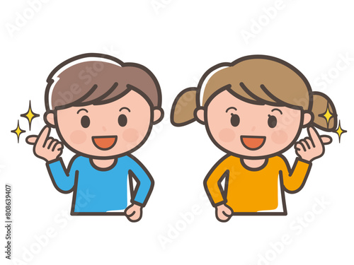 キュンですポーズをする男の子と女の子の上半身イラスト（小学生、幼児、子供）