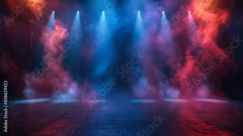 A dark room with red and blue lights and smoke