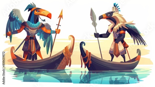 Sacred birds, ancient god-falcon on night and day boats, sacred Egyptian symbols, sun god or Horus cartoon modern illustration. photo